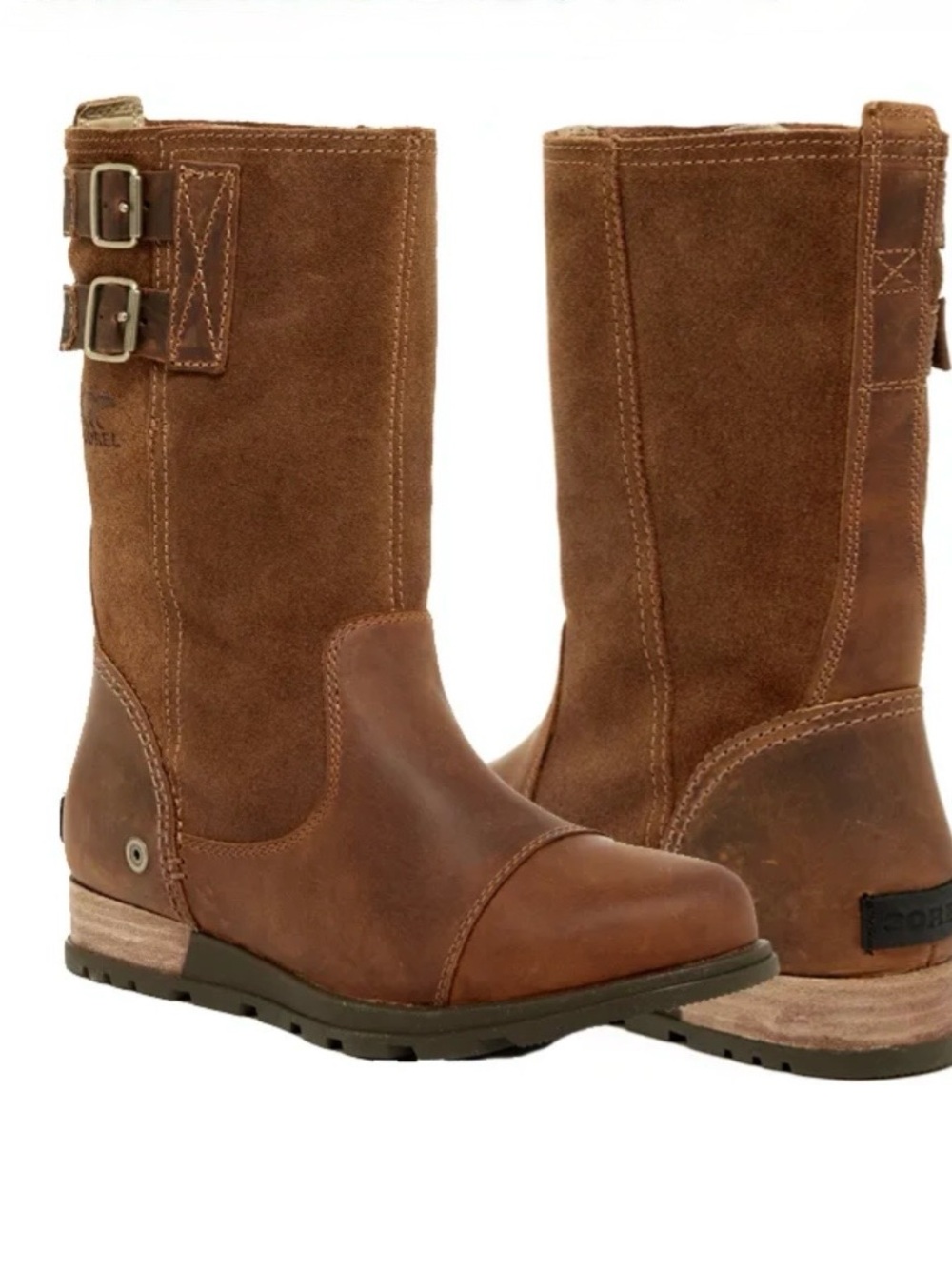 Sorel Womens Major Pull On Boots 9.5 Brown Mid Calf Rugged Double Buckle